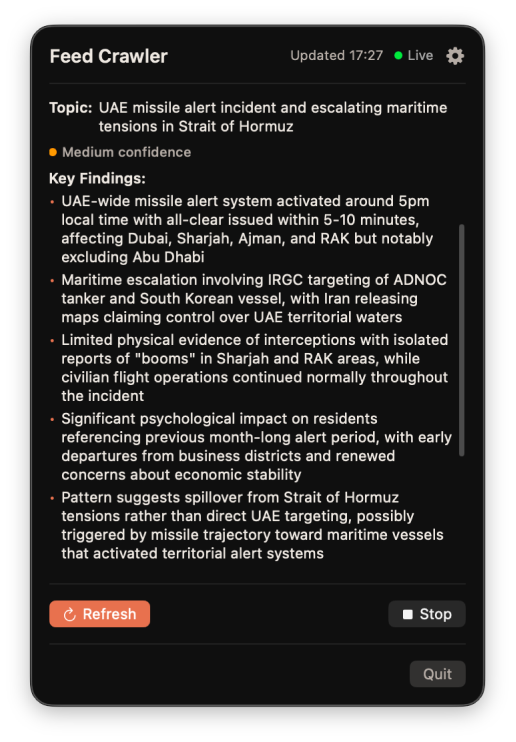 Feed Crawler — Key Findings screen